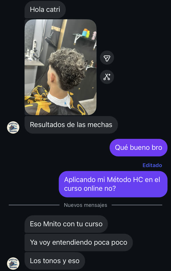 Mensaje de un alumno mostrando mechas en pelo rizado